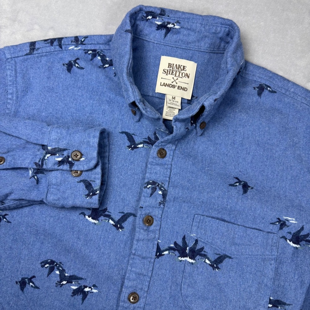 Blake Shelton Lands' End Button Down Shirt Mens Medium Duck Print Blue